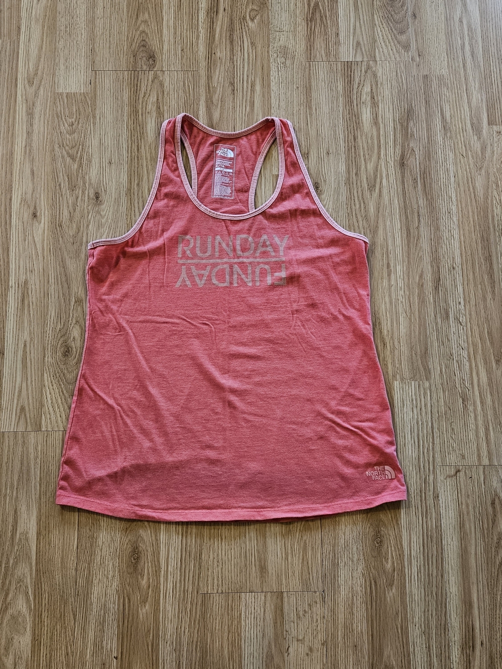 The North Face Women's Coral Pink Racerback Tank - RUNDAY FUNDAY Graphic Size XL